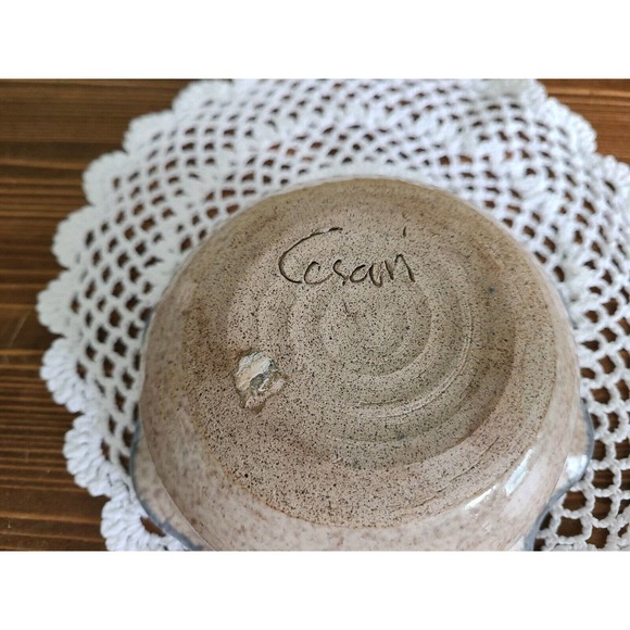 Blue beige Stoneware Apple Baker Bowl Baking Dish Baked Apples Pottery Signed - Picture 4 of 4